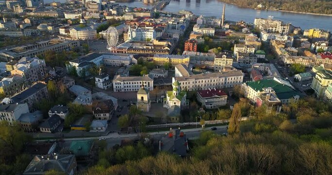 Aerial view Kyiv historical building at beautiful sunset or sunrise. Drone shot old Kiev - podil