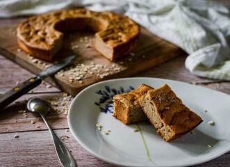 Portion of a healthy sponge cake, sugar-free, with oatmeal. All ingredients are organic