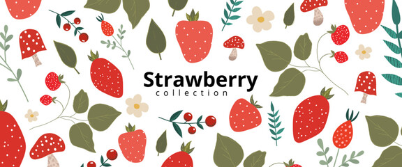 Red strawberry in beautiful style on white background. Isolated vector illustration. Natural organic nutrition. Vector banner.