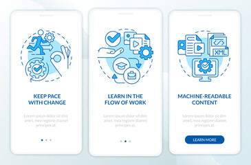 Key imperatives blue onboarding mobile app screen. Content design walkthrough 3 steps editable graphic instructions with linear concepts. UI, UX, GUI template. Myriad Pro-Bold, Regular fonts used