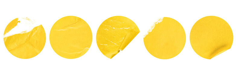 five yellow round stickers on a white isolated background