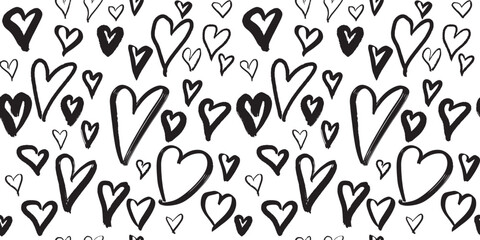 Obraz premium Abstract seamless hand drawn heart pattern. Simple sketch texture. Background for Valentines day. Modern vector monochrome ornament for wrapping paper, wallpapers, web design, wedding cards.