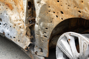 Cars of civilians were shot. Russia's war against Ukraine. Burnt and blown up car