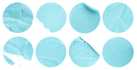 eight light blue round stickers on a white isolated background