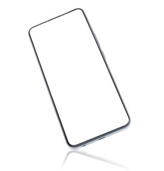 frameless smartphone standing at an angle, with a blank screen on a white isolated background