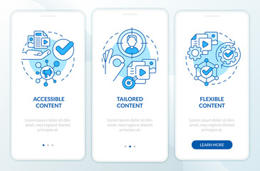 Fototapeta na wymiar Content requirements blue onboarding mobile app screen. Principles walkthrough 3 steps editable graphic instructions with linear concepts. UI, UX, GUI template. Myriad Pro-Bold, Regular fonts used