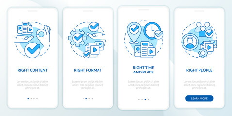 Content principles blue onboarding mobile app screen. Promotion walkthrough 4 steps editable graphic instructions with linear concepts. UI, UX, GUI template. Myriad Pro-Bold, Regular fonts used