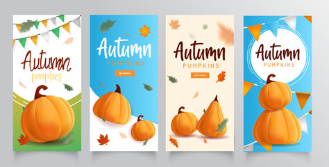 Collection Banner autumn with illustration of realistic pumpkins and flying leaves.
