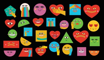 Collection of Round, Square, Triangular and heart shape abstract comic Faces with various Emotions. Crazy Abstract comic geometric shape elements and faces. Vector Illustration