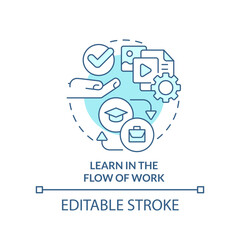 Learn in flow of work turquoise concept icon. Staff development. Key imperative abstract idea thin line illustration. Isolated outline drawing. Editable stroke. Arial, Myriad Pro-Bold fonts used
