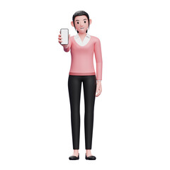 beautiful woman showing phone screen, 3D render business woman character illustration