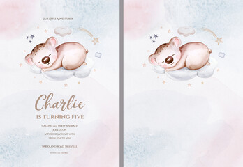 Watercolor hand drawn illustration of a cute baby koala sleeping on the moon and the cloud. Baby Shower Theme Invitation birthday Template © kris_art
