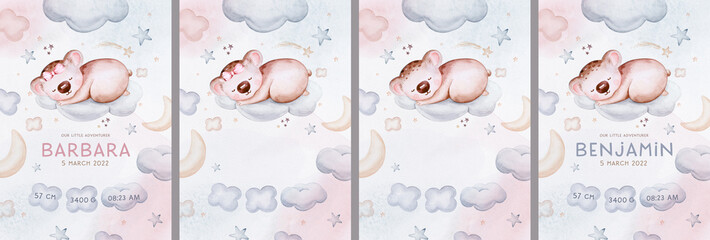 Watercolor hand drawn illustration of a cute baby koala sleeping on the moon and the cloud. Baby Shower Theme Invitation birthday Template © kris_art