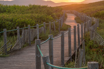 Fototapeta na wymiar Selective focus. Sunrise view of a wooden walkway on the dunes of a beach