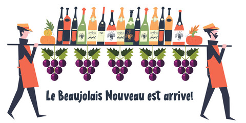 Beaujolais Nouveau Wine Festival. Vector illustration, a set of design elements for a wine festival. The inscription means Beaujolais Nouveau has arrived! - obrazy, fototapety, plakaty