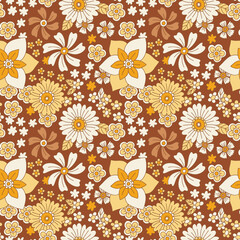 Floral vector pattern in 80s, 70s style. Seamless retro pattern with flowers, flower child, hippie, boho. Vector vintage background for fabrics, textiles, paper.
