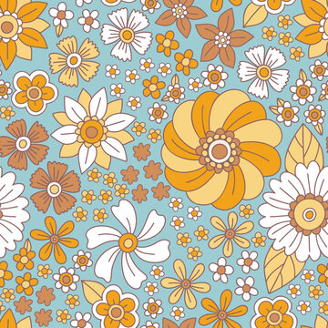 Retro Floral Seamless Pattern In 70s 60s Style. Flower Child, Hippie Style, Summer Floral Background. Groove Flowers Texture Of The Seventies For Printing Fabrics, Textiles, Paper. Vector.