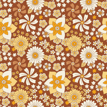Floral Vector Pattern In 80s, 70s Style. Seamless Retro Pattern With Flowers, Flower Child, Hippie, Boho. Vector Vintage Background For Fabrics, Textiles, Paper.