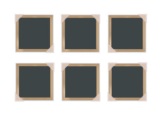 Black vintage photo cards attached with corners. Six square empty photo frames. Vector realistic Mockup for scrapbooking, collages, presentation. Blank template. EPS10.