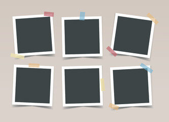 Black photo frames with color sticky tape on beige background. Vector realistic mockup. Six empty square photo cards with white border. Blank Template for collages and design. EPS10.