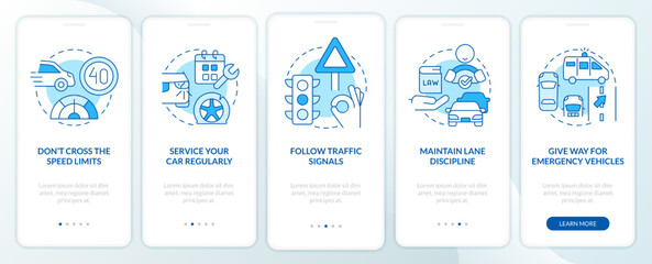 Common driving safety rules blue onboarding mobile app screen. Walkthrough 5 steps editable graphic instructions with linear concepts. UI, UX, GUI template. Myriad Pro-Bold, Regular fonts used