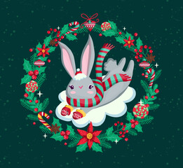 Christmas card with rabbit on brunch with berries and snow. New year card with symbol of 2023 year.