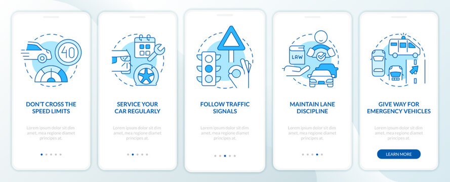 Common driving safety rules blue onboarding mobile app screen. Walkthrough 5 steps editable graphic instructions with linear concepts. UI, UX, GUI template. Myriad Pro-Bold, Regular fonts used