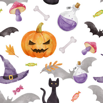 Seamless pattern for Halloween party. Pumpkin, bat, witch hat and black cat. Bright watercolor endless pattern on white