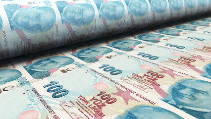 Türkische 100 Lira Scheine werden gedruckt - obrazy, fototapety, plakaty