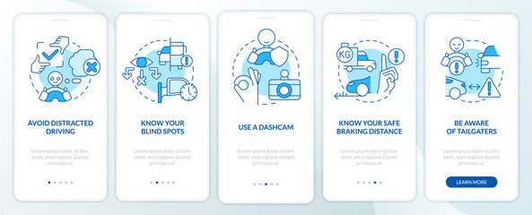 Fototapeta na wymiar Driving safety rules for commercial drivers blue onboarding mobile app screen. Walkthrough 5 steps editable instructions with linear concepts. UI, UX, GUI template. Myriad Pro-Bold, Regular fonts used
