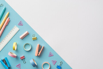 Back to school concept. Top view photo of colorful stationery pens ruler mini staplers binder clips...