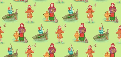 Horizontal banner. Spring. Children in various poses, swim on a boat, smell flowers, cook treats. Watercolor style on a green background.