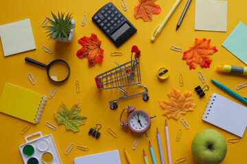 Flat lay with different school supplies. Notebooks, pencils and pens, paper clips, paints, magnifying glass, green apple and shopping cart on yellow background. Back to school concept