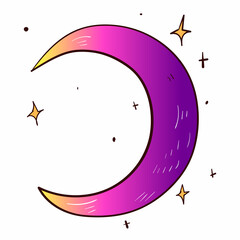 Halloween yellow purple moon with stars . Vector spooky icon. Colourful illustration on white background.