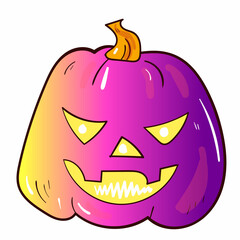 Halloween yellow purple pumpkin . Vector spooky icon. Colourful illustration on white background.
