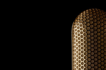 Part of the mesh of a gold plated ribbon microphone on a black background Nr.2