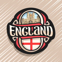 Vector logo for England, fridge magnet with english flag, original brush typeface for word england and national english symbol - southern entrance to York, Micklegate Bar on blue cloudy sky background