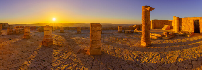 Sunset panorama with  ancient church, Nabataean city of Avdat - obrazy, fototapety, plakaty