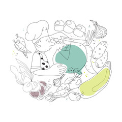 Chef cuts vegetables. Organic healthy food doodles vector illustration.