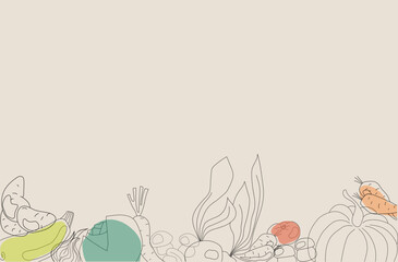 Healthy food banner design with hand drawn vegetables. Organic vegetables with copy space on beige background.