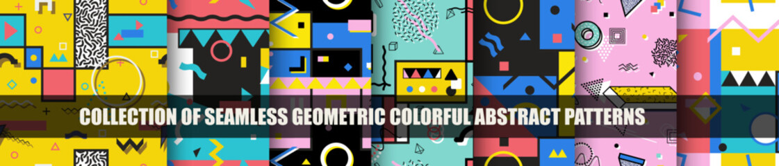 Set of vector seamless colorful geometric patterns with creative shapes. Abstract trendy fun backgrounds. Bright trendy design, fashion retro style 80 - 90s