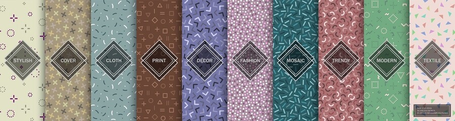 Set of abstract retro seamless geometric patterns. Colorful vector trendy vintage backgrounds - mosaic textures. Textile prints Fashion style 80 - 90s. You can find repeatable design in swatches panel