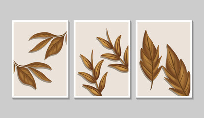 Botanical wall art vector set. Golden foliage line art drawing with watercolor. Abstract Plant Art design for wall framed prints, canvas prints, poster, home decor, cover, wallpaper.