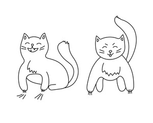 Hand-drawn harmful cute cats. Kitties with claws, cartoon doodle style. Simple sketch for coloring book. Editable stroke. Isolated. Vector illustration