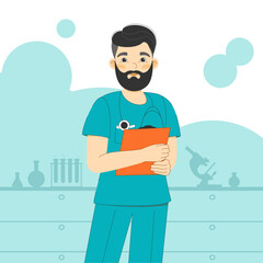 doctor with clipboard, smiling doctor with a stethoscope, a doctor with a stethoscope, a doctor in a laboratory, research in a laboratory, a laboratory technician checks tests