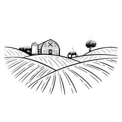 Farm warehouse, hangar among the fields. Farming engraving, agribusiness and organic products