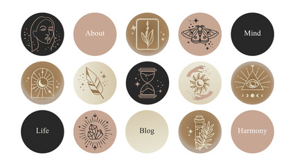 A set of magical icons for highlights blog about mental health, esotericism and magic, numerology and astrology and personality decoding - obrazy, fototapety, plakaty