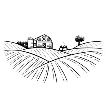 Farm warehouse, hangar among the fields. Farming engraving, agribusiness and organic products