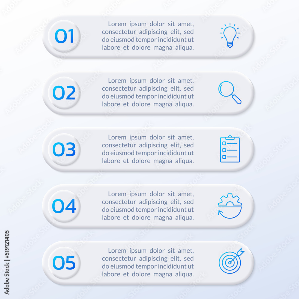 Poster 5 number list template. five step business layout with text banners, numbers and icons. modern info 