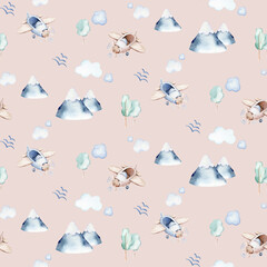 Watercolor airplane kid seamless pattern. Watercolor toy background baby cartoon cute pilot hippopotamus, zebra with hippo, lion aviation sky transport airplanes, clouds.
